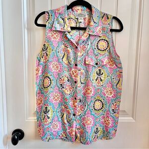Croquet Club VINTAGE 100% silk Top Button Up Mosaic Colorful Sleeveless Large
